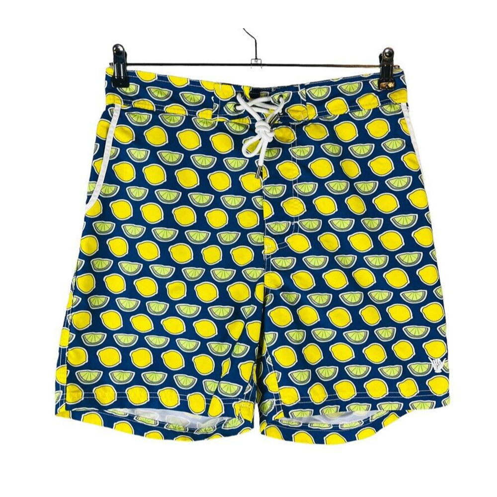 Beach Bros Mens Medium Vintage Swim‎ Trunks Lined Pockets Blue Lemon Lime